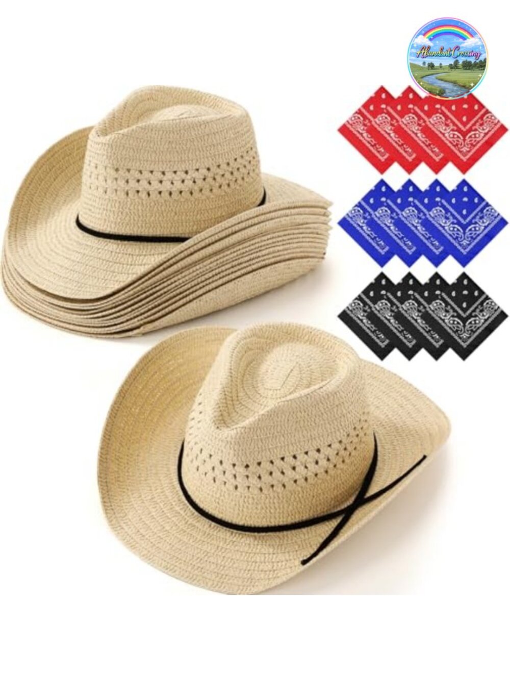 12 Pack Straw Cowboy Hats with Bandanas Party Costume Set